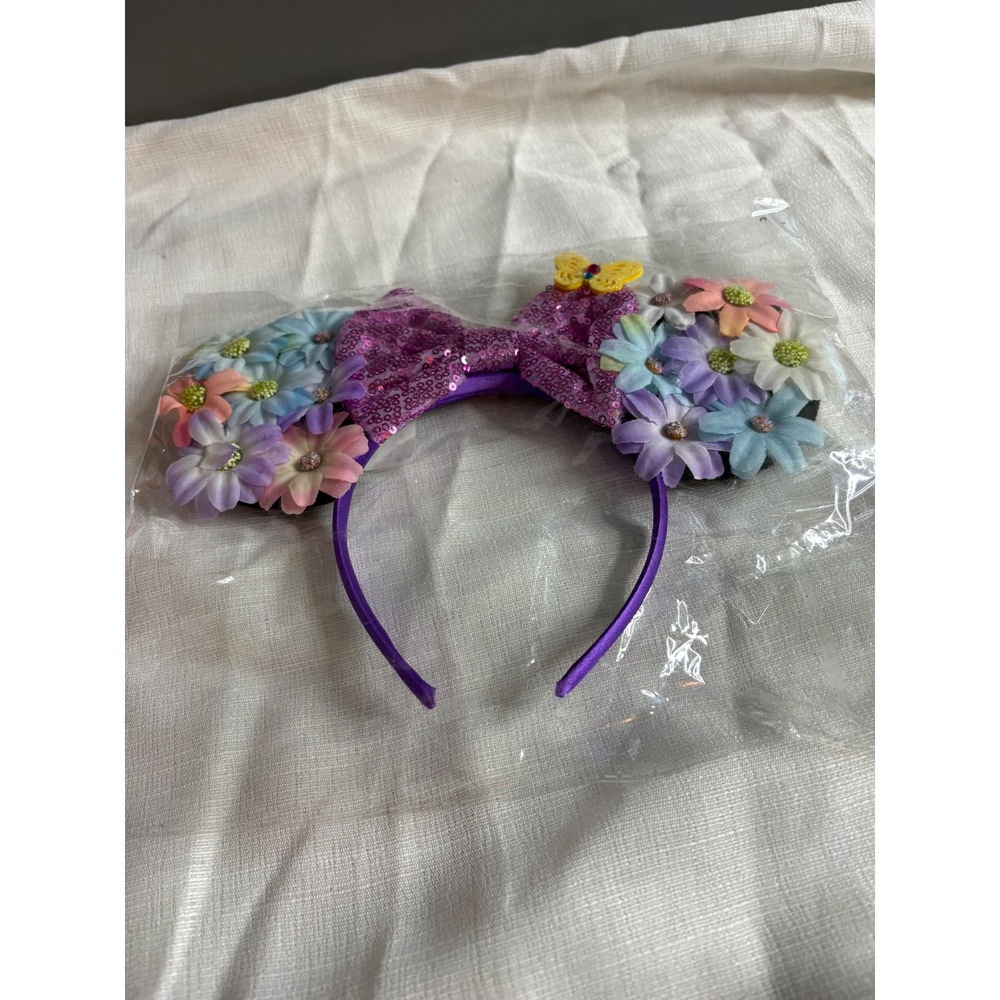 Floral Mouse Ear Headband Purple Sequin Bow Butterfly Pastel Flowers Accessory